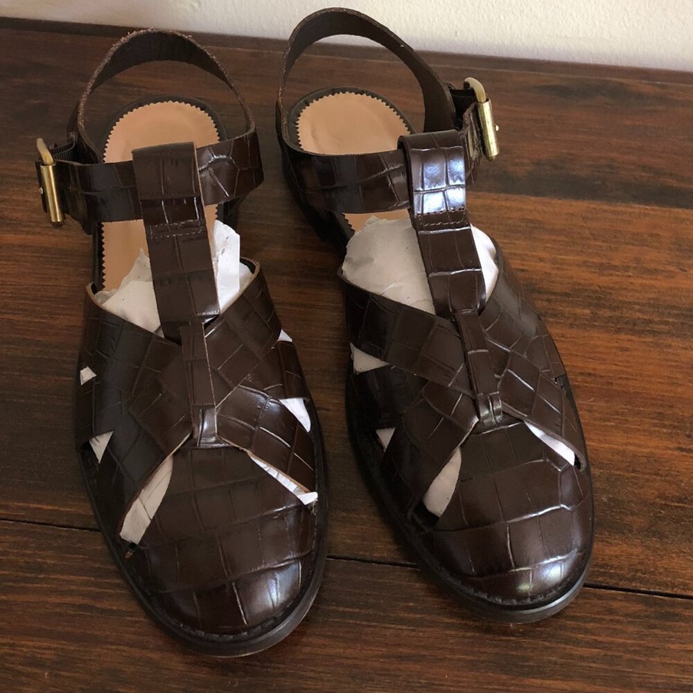 J Crew brown Winona Fisherman sandals leather 9 croc-embossed